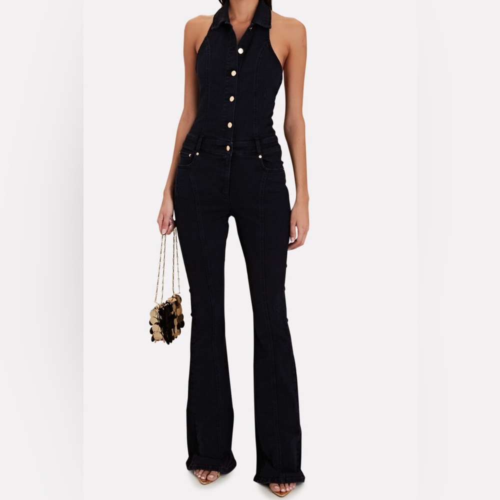 RETROFÊTE Rhodes Halter Denim Jumpsuit in black size M